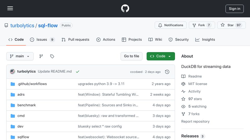 Screenshot of github.com: Show HN: Execute SQL against Bluesky firehose