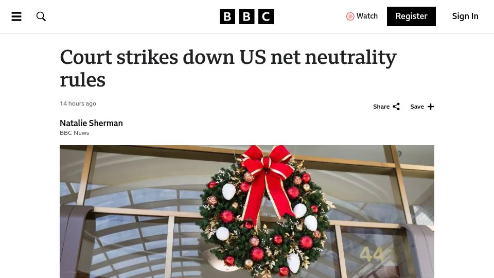 Screenshot of bbc.com: Court strikes down US net neutrality rules