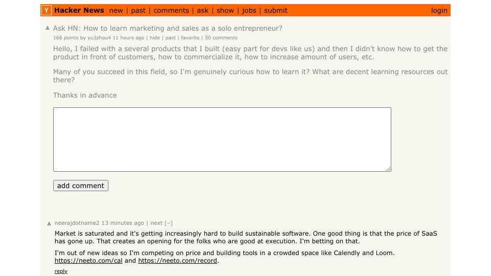 Screenshot of Hacker News post: Ask HN: How to learn marketing and sales as a solo entrepreneur?