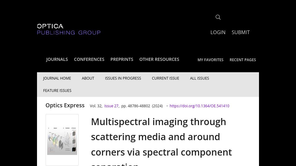 Screenshot of opg.optica.org: Multispectral imaging through scattering media and around corners