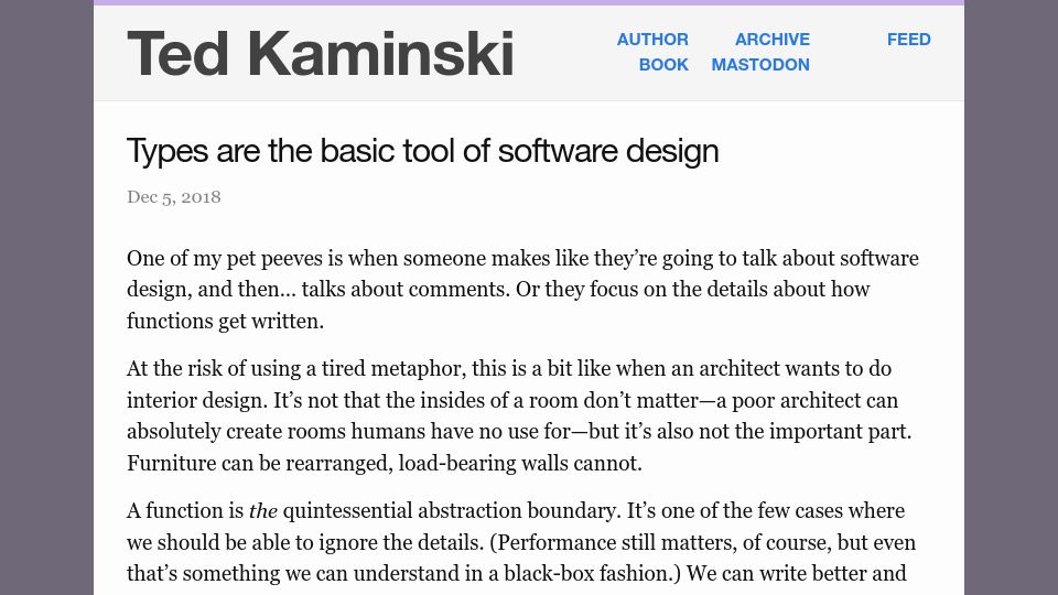 Screenshot of tedinski.com: Types are a basic tool of software design (2018)