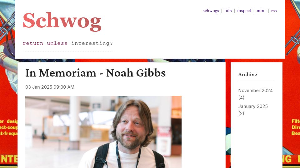 Screenshot of blog.schwad.org: In Memoriam: Noah Gibbs