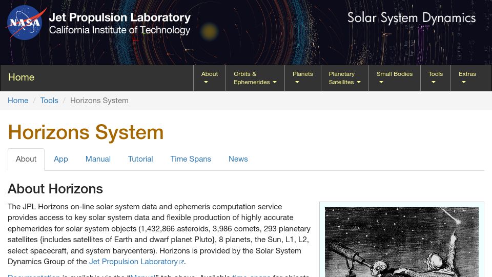 Screenshot of ssd.jpl.nasa.gov: JPL Horizons on-line solar system data and ephemeris computation service