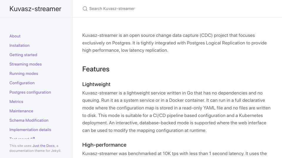 Screenshot of streamer.kuvasz.io: Kuvasz-streamer: open-source CDC for Postgres for low latency replication