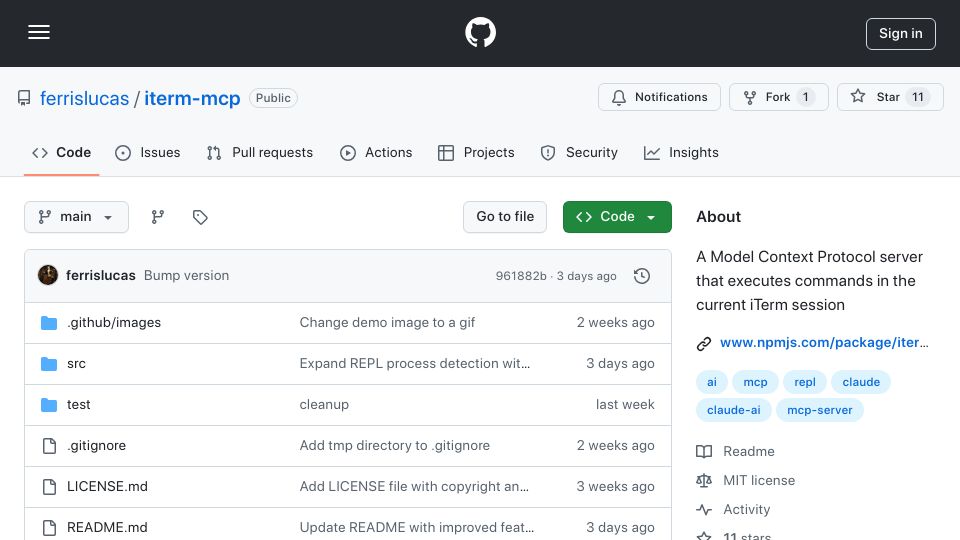 Screenshot of github.com: Show HN: Iterm-Mcp – AI Terminal/REPL Control for iTerm2