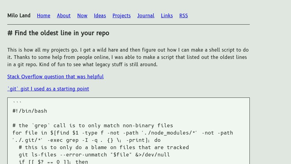 Screenshot of milofultz.com: Find the oldest line in your repo