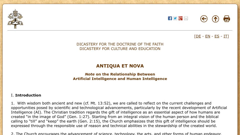 Screenshot of vatican.va: Antiqua et Nova: Note on the relationship between AI and human intelligence