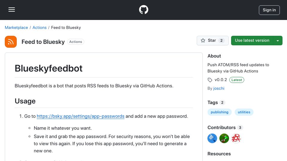 Screenshot of github.com: Blueskyfeedbot: Post RSS Feeds to Bluesky via GitHub Actions