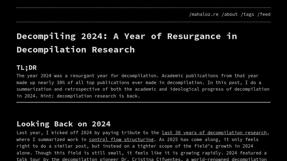 Screenshot of mahaloz.re: Decompiling 2024: A Year of Resurgance in Decompilation Research
