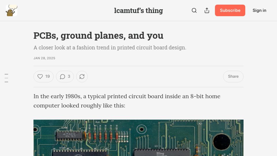 Screenshot of lcamtuf.substack.com: PCBs, copper pours, ground planes, and you