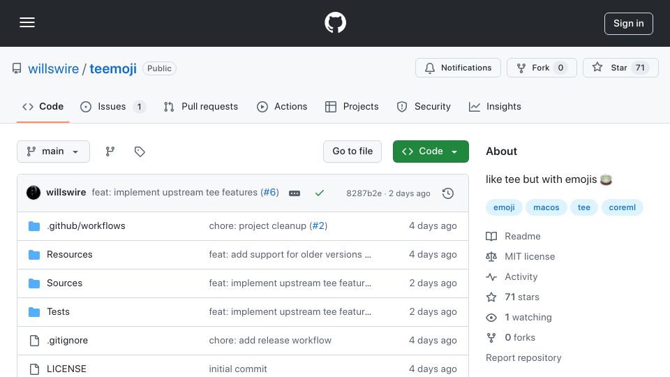 Screenshot of github.com: Teemoji: Like Tee but with Emojis