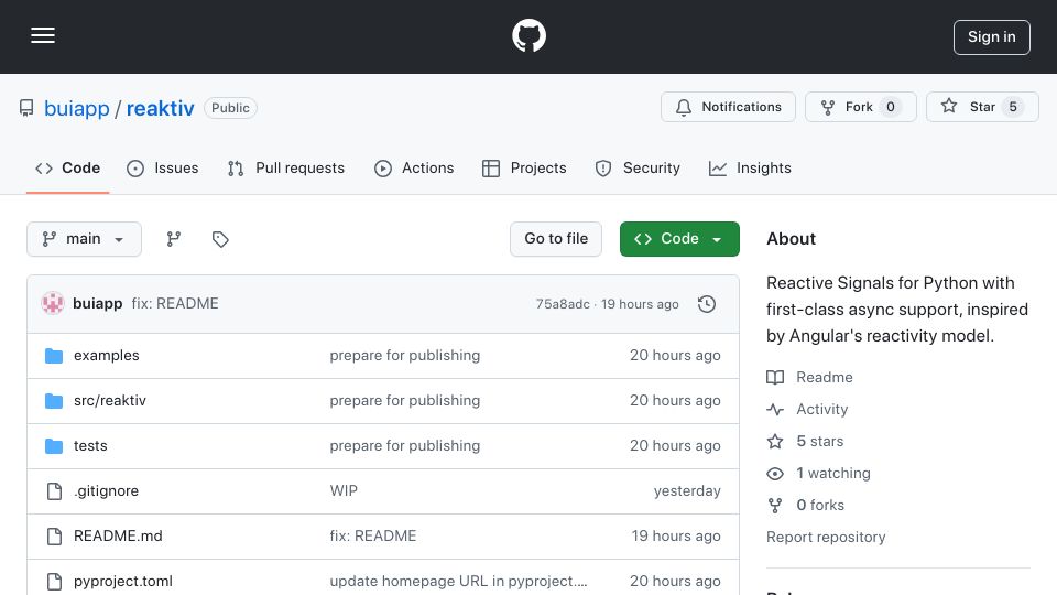 Screenshot of github.com: Show HN: Reactive Signals for Python – inspired by Angular's reactivity model