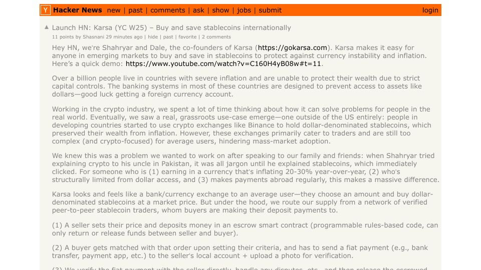 Screenshot of Hacker News post: Launch HN: Karsa (YC W25) – Buy and save stablecoins internationally