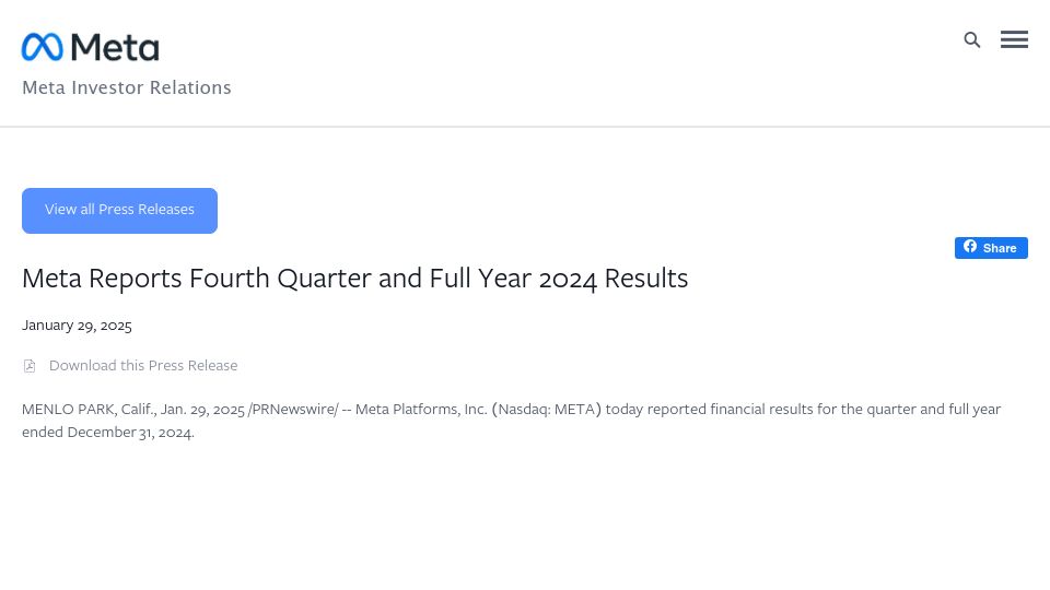 Screenshot of investor.atmeta.com: Meta Reports Fourth Quarter and Full Year 2024 Results