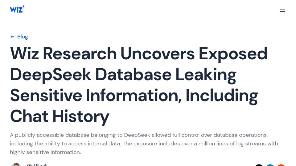 Screenshot of wiz.io: Exposed DeepSeek database leaking sensitive information, including chat history