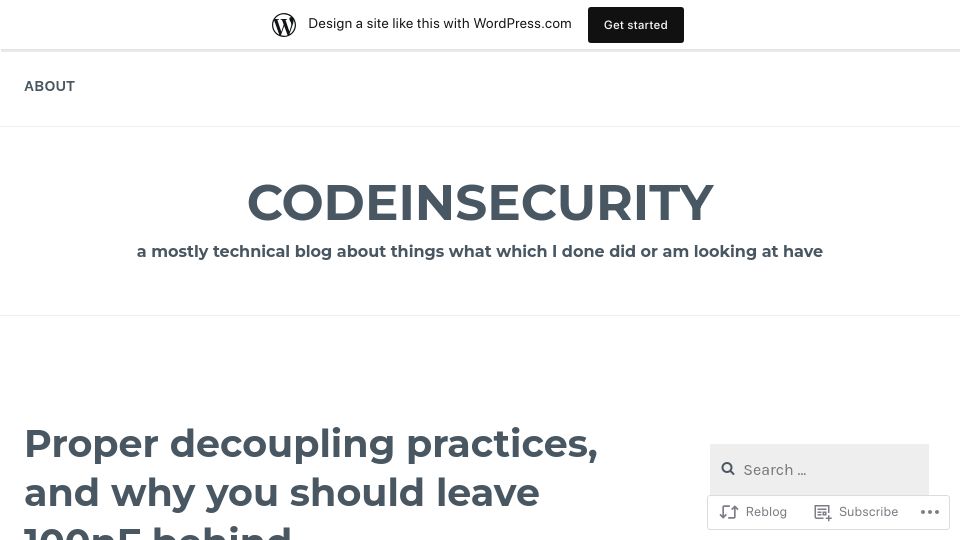 Screenshot of codeinsecurity.wordpress.com: Proper decoupling capacitor practices, and why you should leave 100nF behind