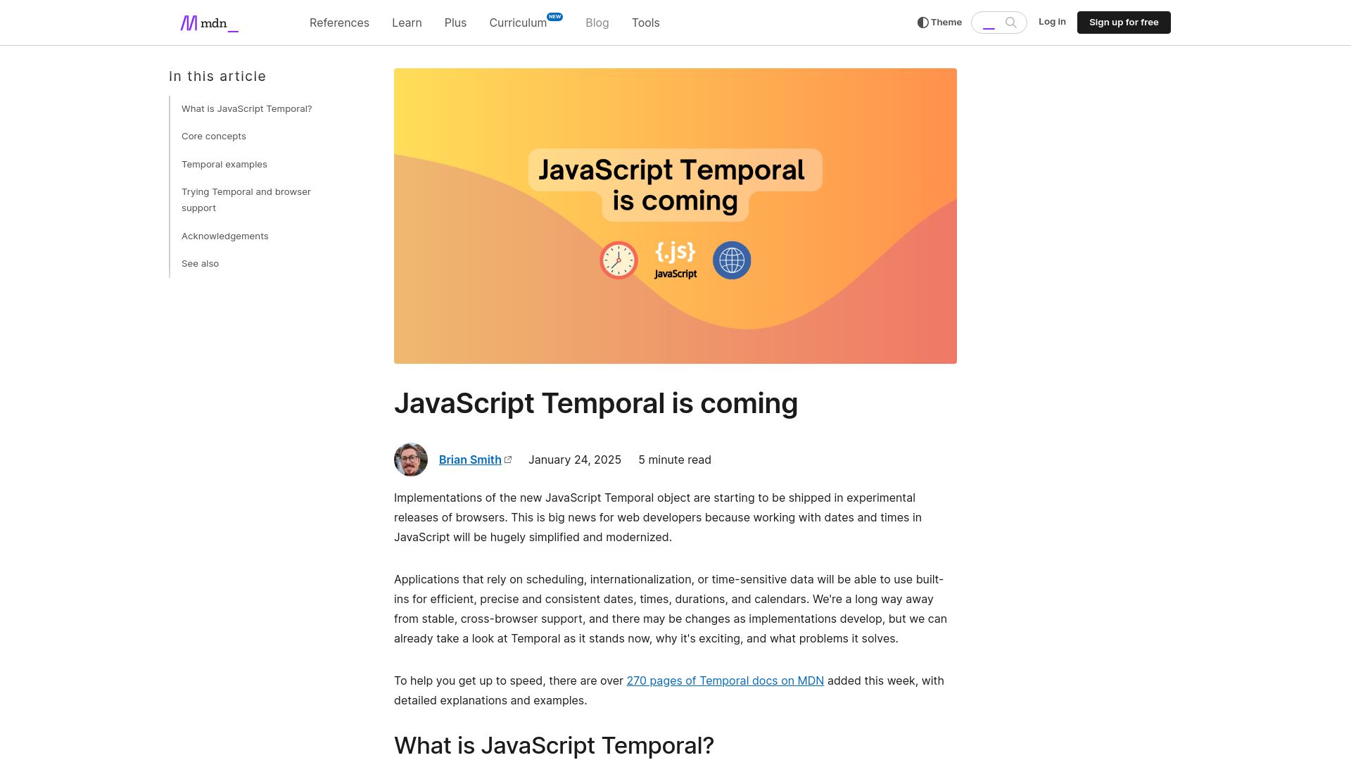Screenshot of developer.mozilla.org: JavaScript Temporal is coming