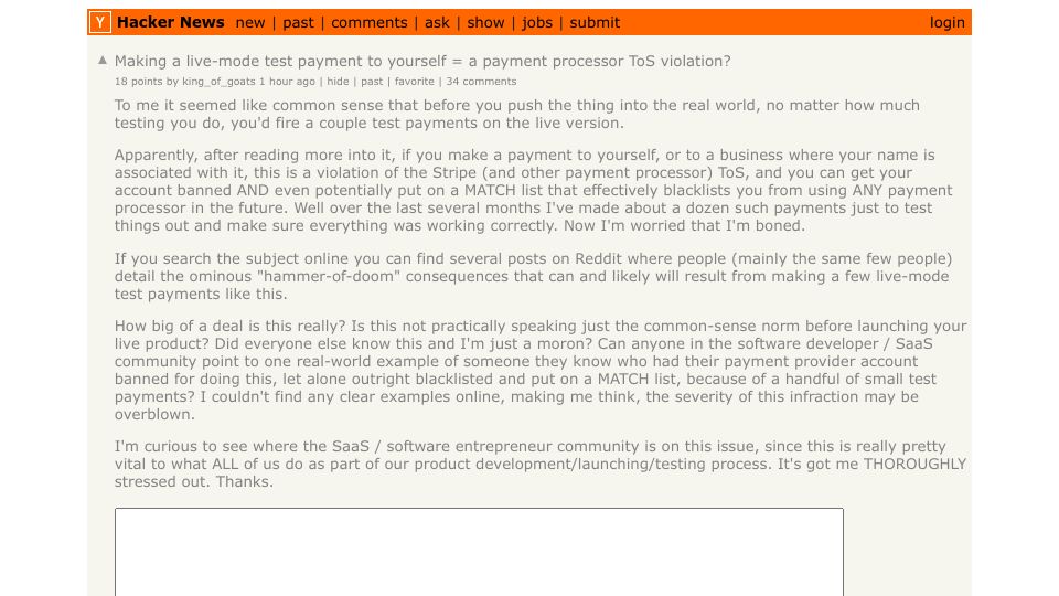 Screenshot of Hacker News post: Making a live-mode test payment to yourself = a payment processor ToS violation?