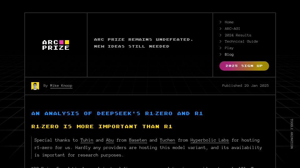 Screenshot of arcprize.org: An analysis of DeepSeek's R1-Zero and R1