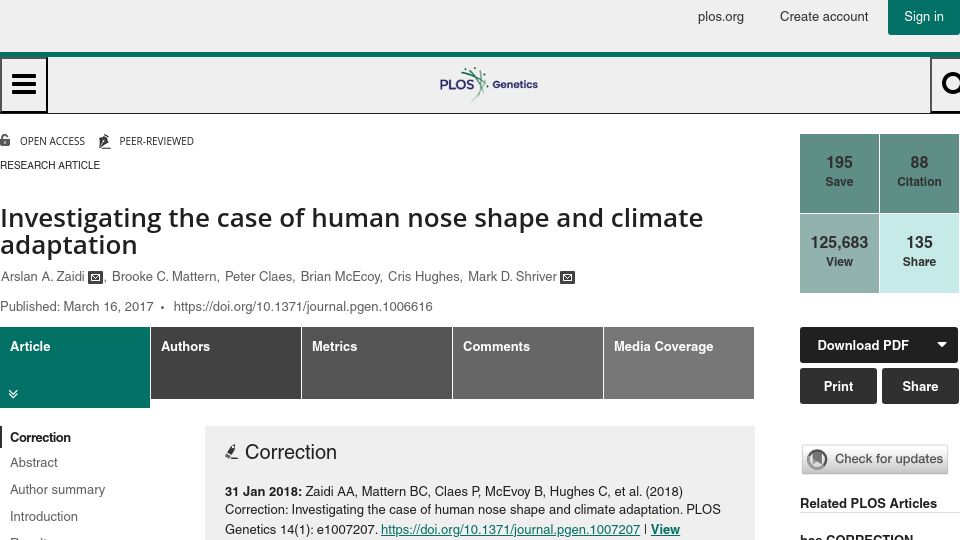 Screenshot of journals.plos.org: Investigating the case of human nose shape and climate adaptation (2017)