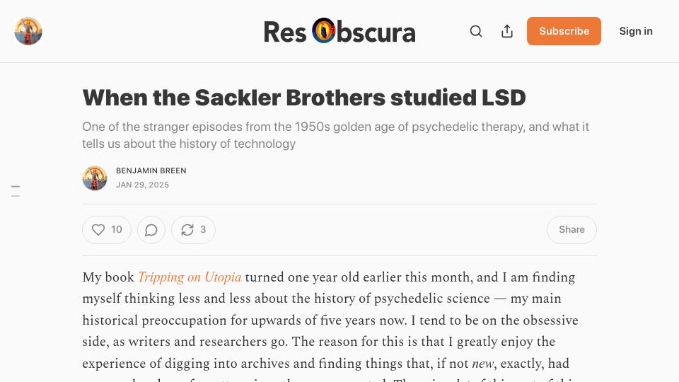 Screenshot of resobscura.substack.com: When the Sackler brothers studied LSD