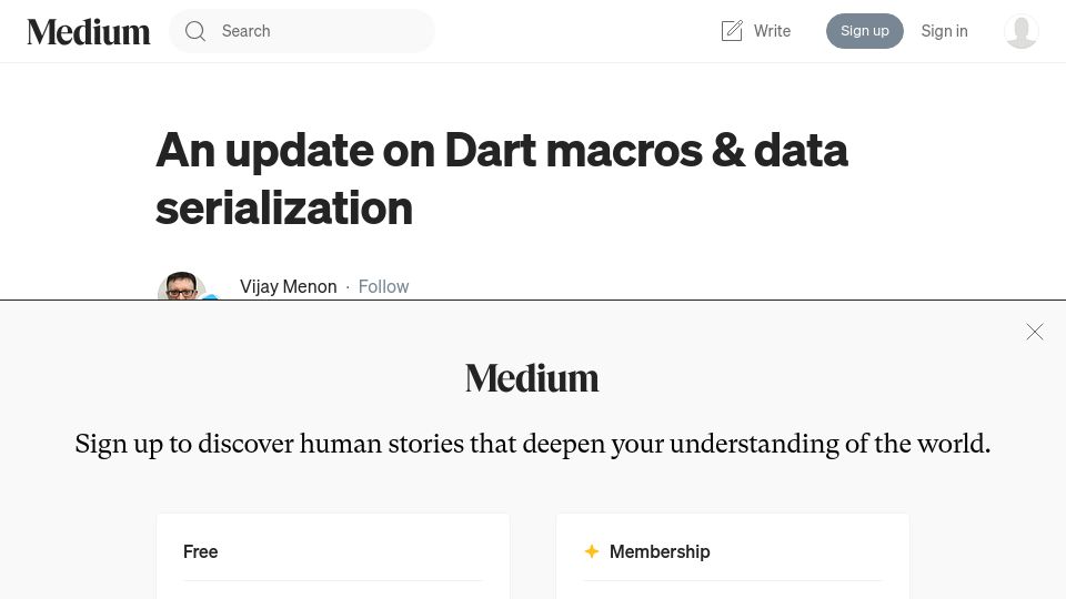 Screenshot of medium.com: An update on Dart macros and data serialization