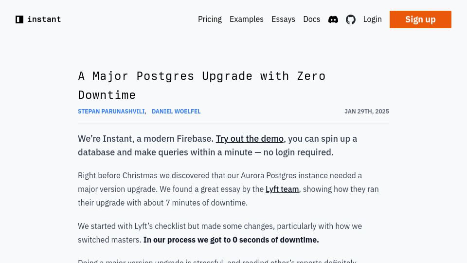 Screenshot of instantdb.com: A major Postgres upgrade with zero downtime