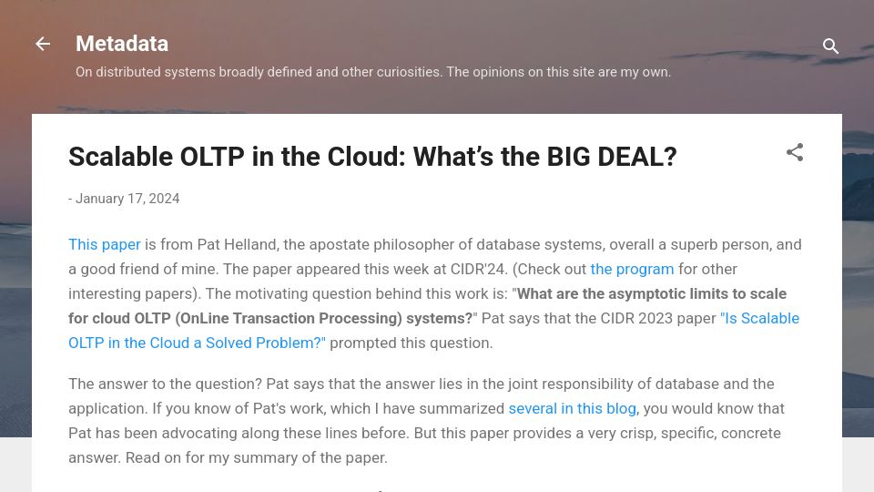 Screenshot of muratbuffalo.blogspot.com: Scalable OLTP in the Cloud: What's the Big Deal?