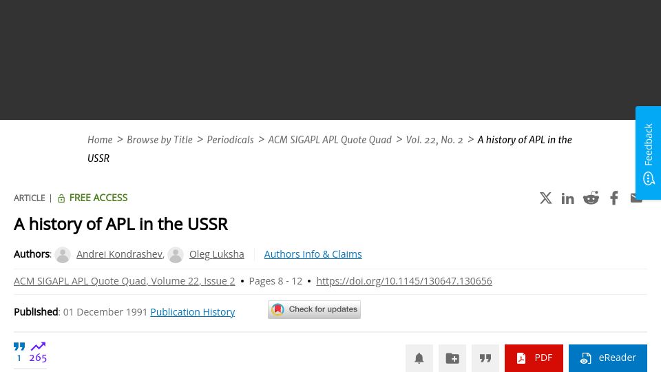Screenshot of dl.acm.org: A history of APL in the USSR (1991)