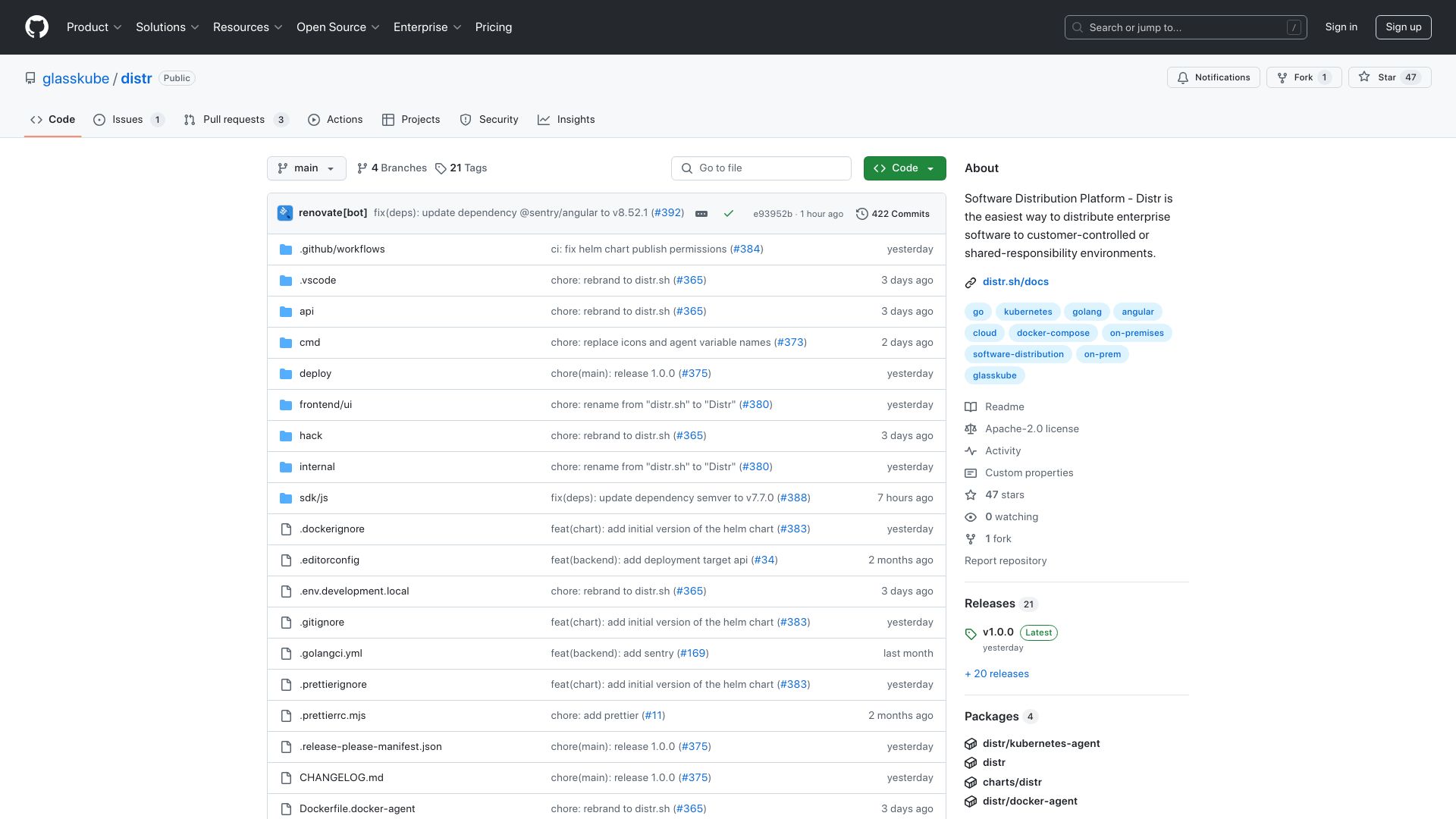 Screenshot of github.com: Show HN: Distr – open-source distribution platform for on-prem deployments