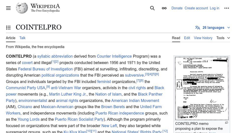 Screenshot of en.wikipedia.org: Cointelpro