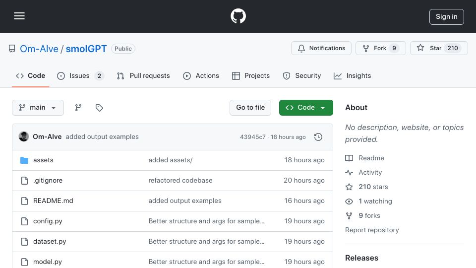Screenshot of github.com: SmolGPT: A minimal PyTorch implementation for training a small LLM from scratch
