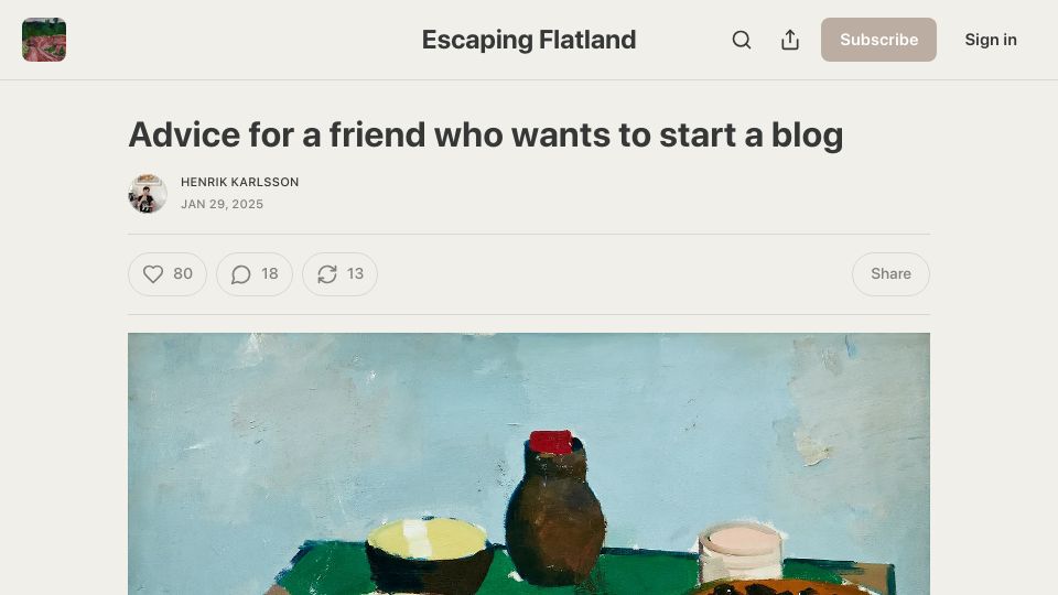 Screenshot of henrikkarlsson.xyz: Advice for a friend who wants to start a blog