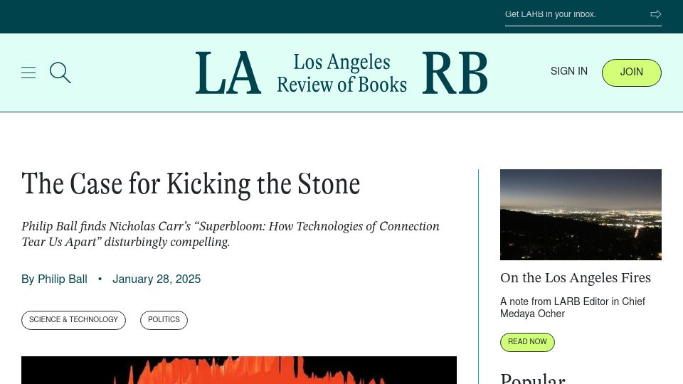 Screenshot of lareviewofbooks.org: Review: Superbloom: How Technologies of Connection Tear Us Apart