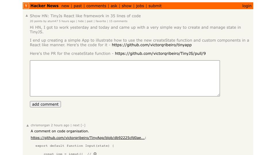 Screenshot of Hacker News post: Show HN: TinyJs React like framework in 35 lines of code