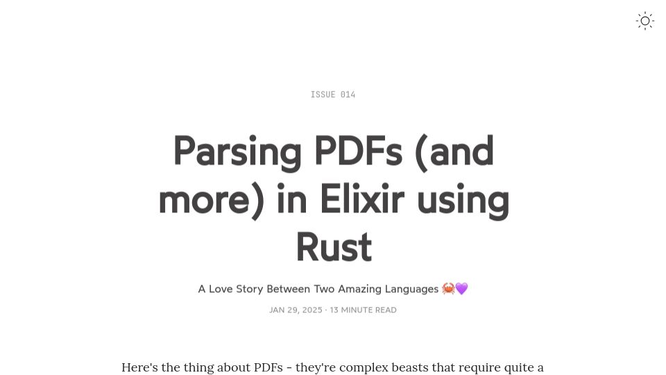 Screenshot of chriis.dev: Parsing PDFs (and more) in Elixir using Rust