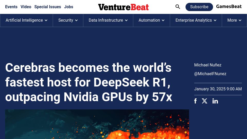 Screenshot of venturebeat.com: Cerebras fastest host for DeepSeek R1, 57x faster than Nvidia GPUs