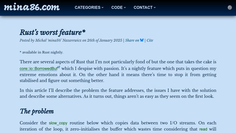 Screenshot of mina86.com: Rust’s worst feature