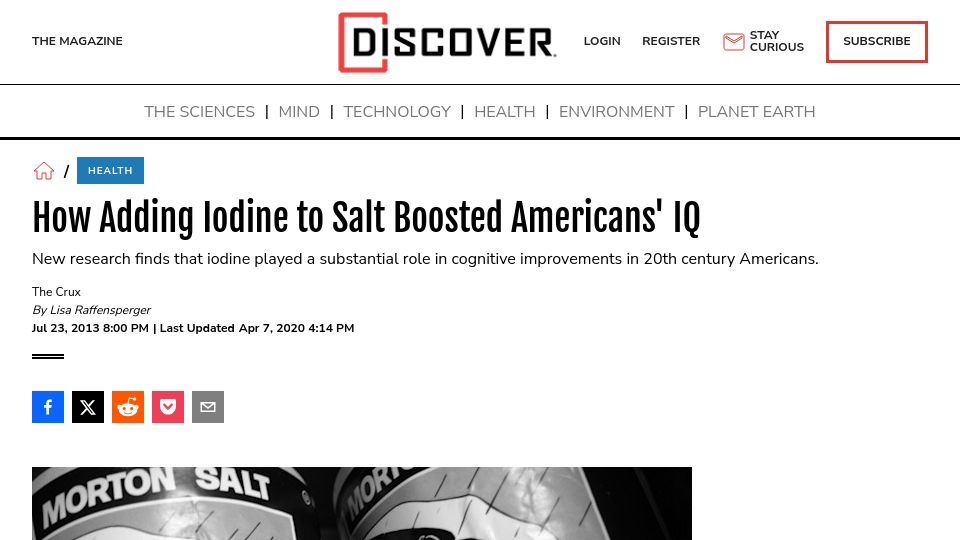 Screenshot of discovermagazine.com: Adding iodine to salt played a role in cognitive improvements: research (2013)