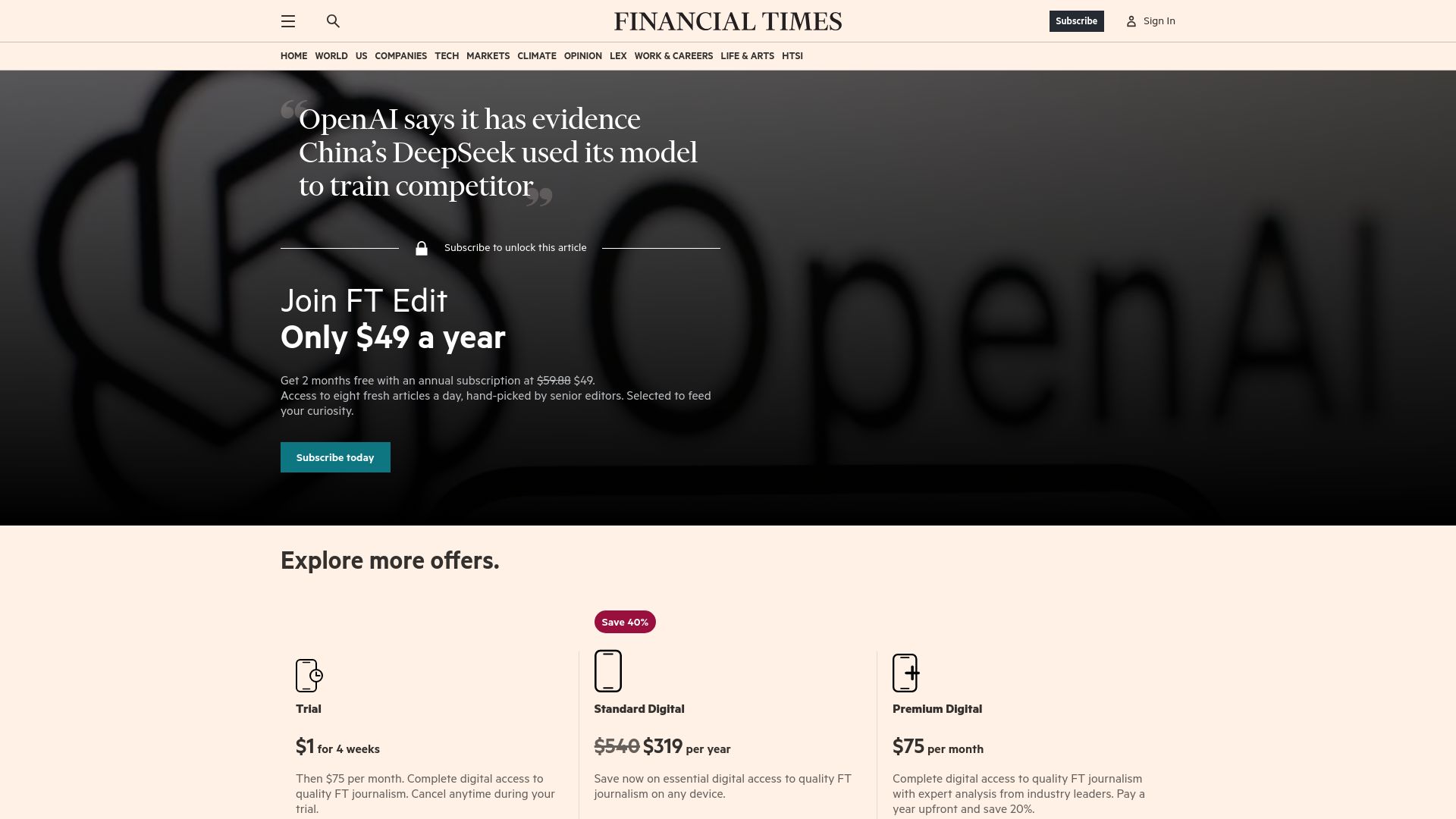 Screenshot of ft.com: OpenAI says it has evidence DeepSeek used its model to train competitor
