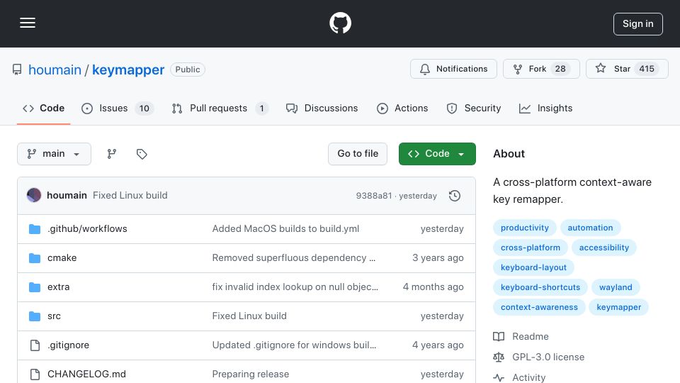 Screenshot of github.com: Keymapper: A cross-platform context-aware key remapper