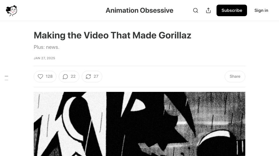 Screenshot of animationobsessive.substack.com: Making the video that made Gorillaz
