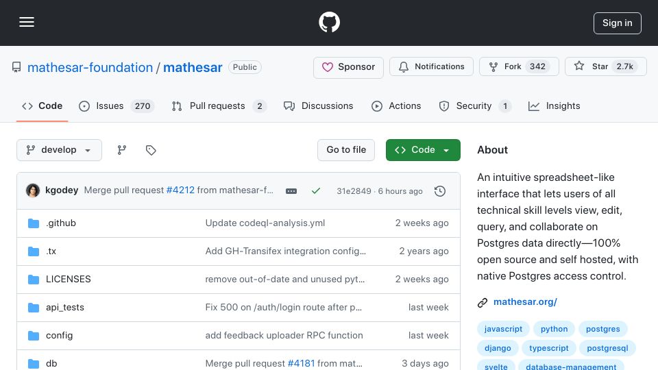 Screenshot of github.com: Mathesar – an intutive spreadsheet-like interface to Postgres data