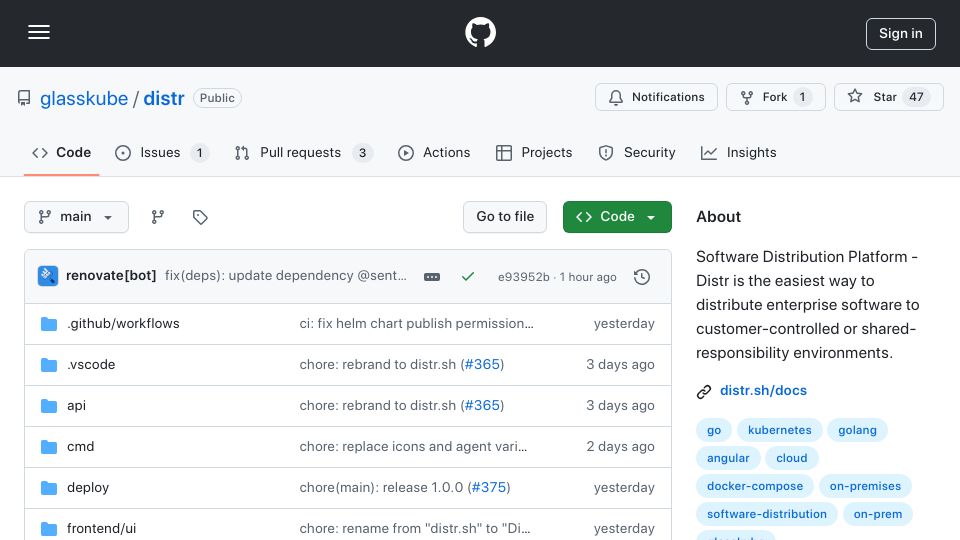 Screenshot of github.com: Show HN: Distr – open-source distribution platform for on-prem deployments