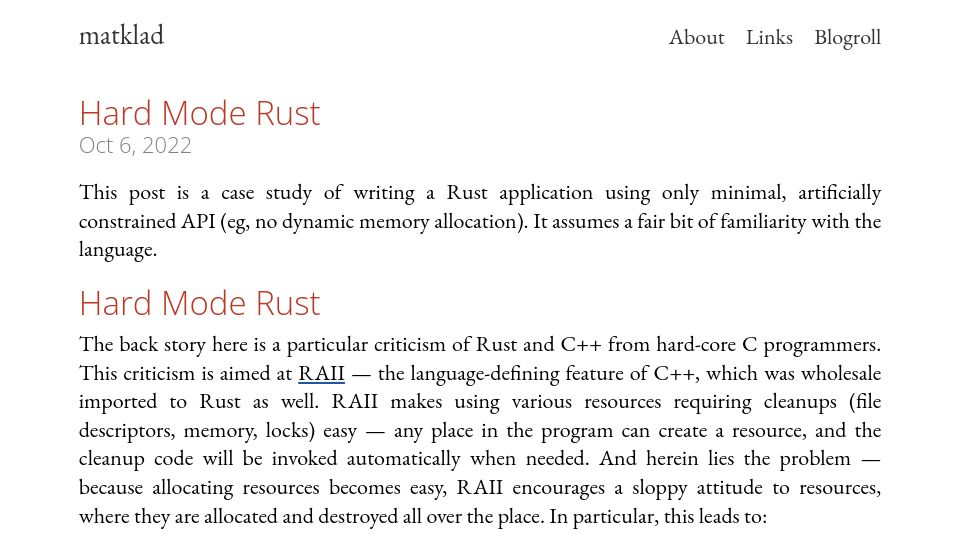 Screenshot of matklad.github.io: Hard Mode Rust (2022)