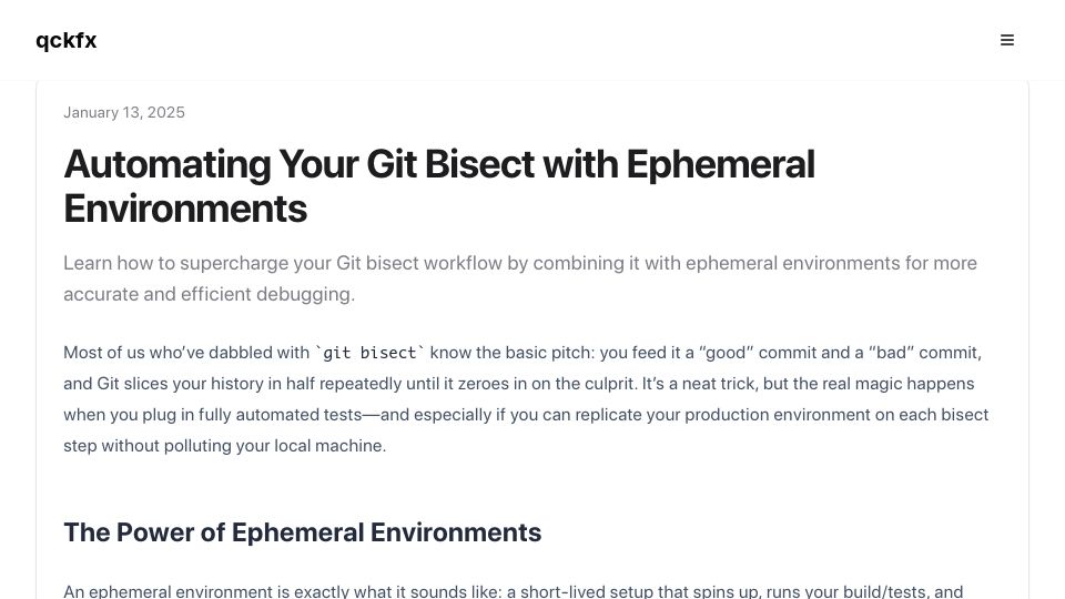 Screenshot of qckfx.com: Automating Git Bisect with Ephemeral Environments