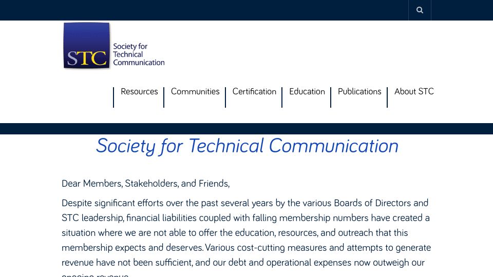 Screenshot of stc.org: Society for Technical Communication to permanently close its doors