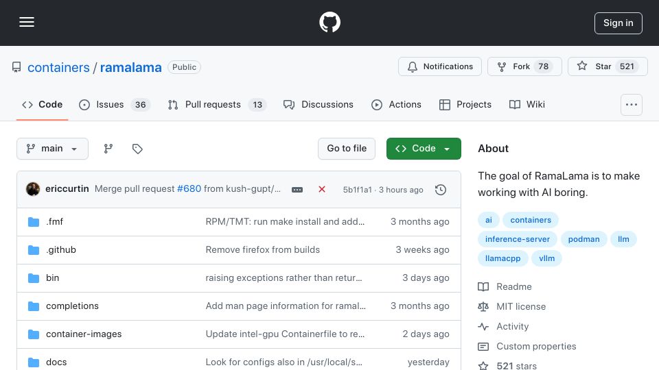 Screenshot of github.com: RamaLama