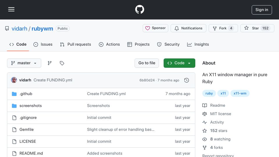 Screenshot of github.com: Rubywm: An X11 window manager in pure Ruby