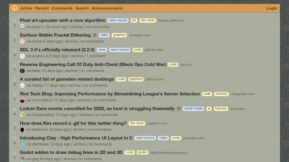 Screenshot of gamedev.city: Hacker News for Gamedev